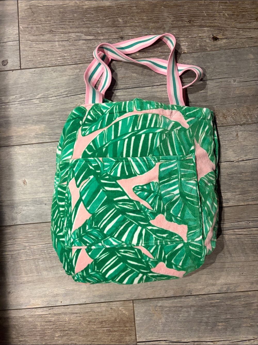 Lilly Pulitzer pink & green palm print beach towel in a bag